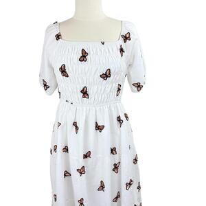 Anthropolgie Kindred White Embroidery Butterfly Midi Dress Babydoll Women's M